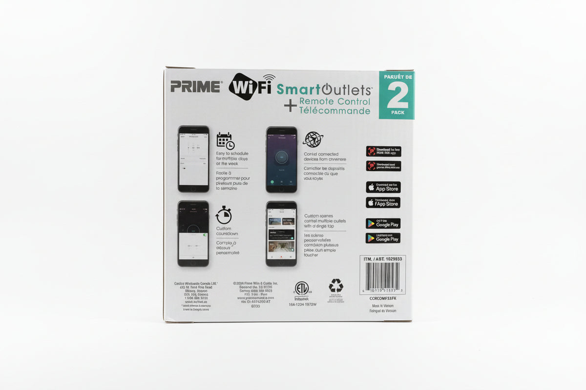 Package of Prime WiFi Smart Outlets with smartphone app icons on a black surface