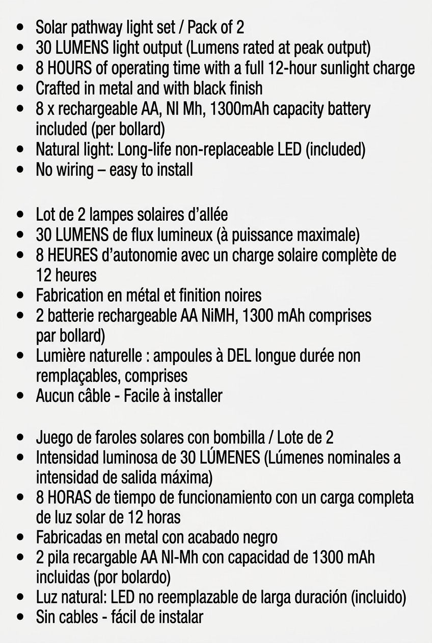 Product label for solar pathway light set with technical specifications.
