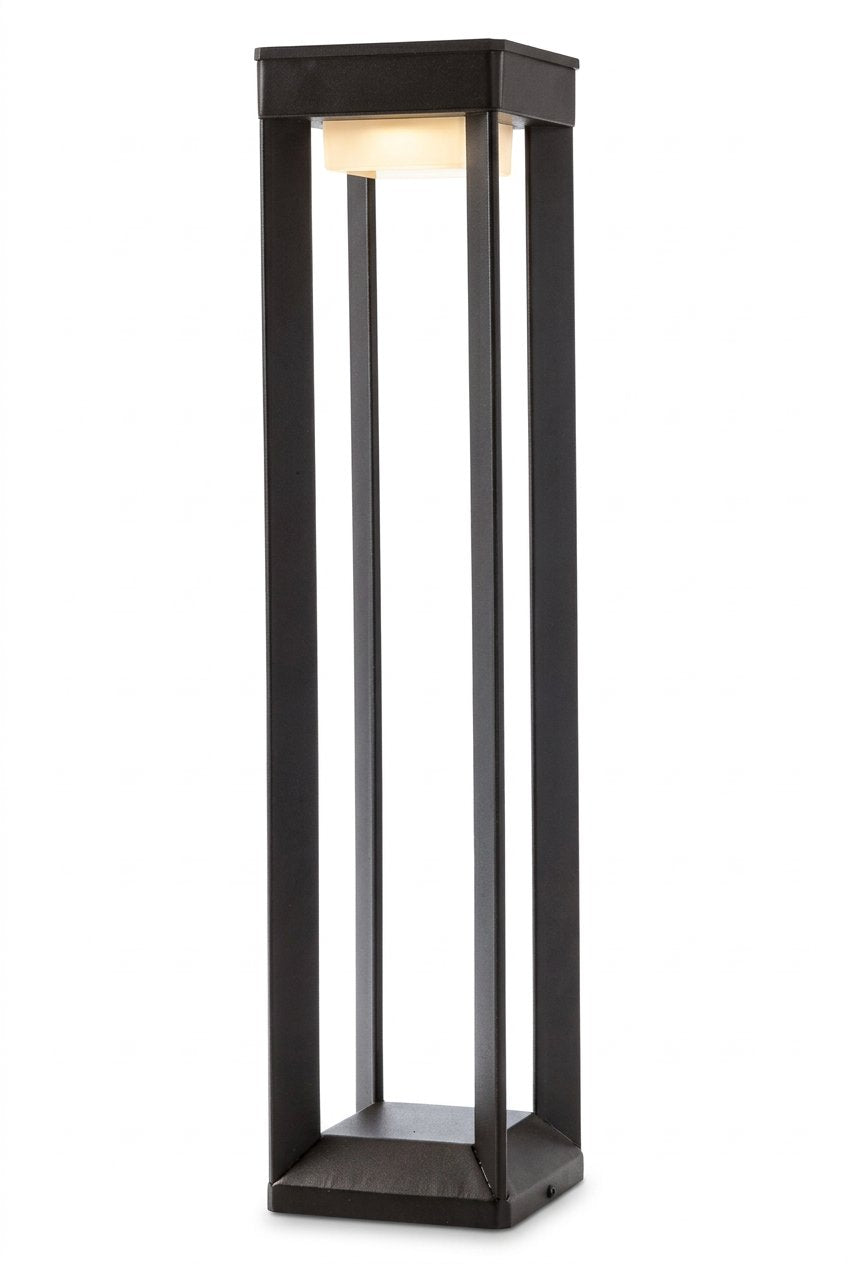 Black solar pathway bollard light close-up