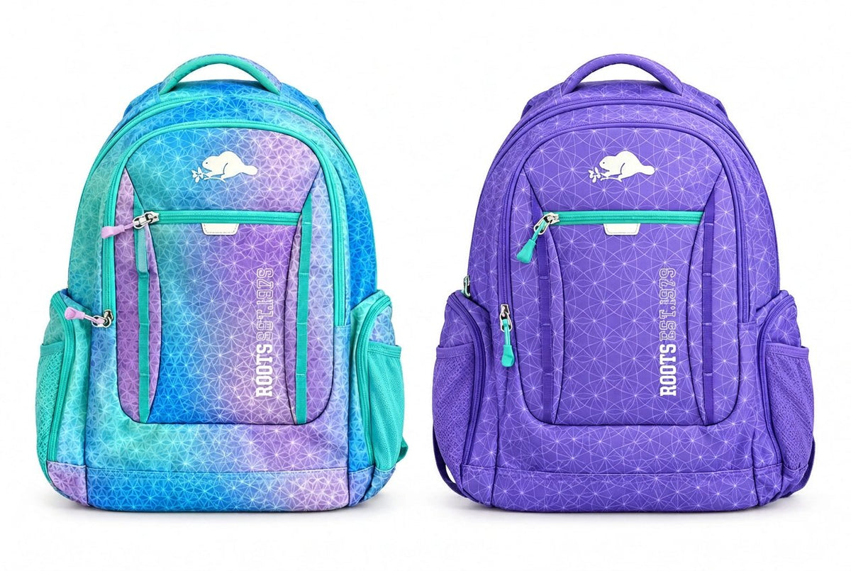 Roots 38L laptop backpack shown in both colours: teal and lavender ombré and lilac