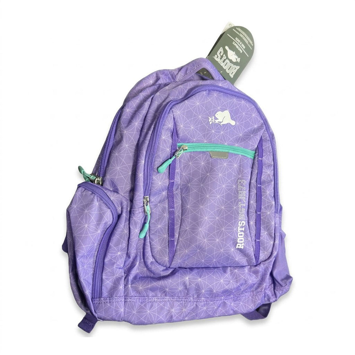 Lilac Roots backpack angled view with Roots hang tag and teal zipper pulls