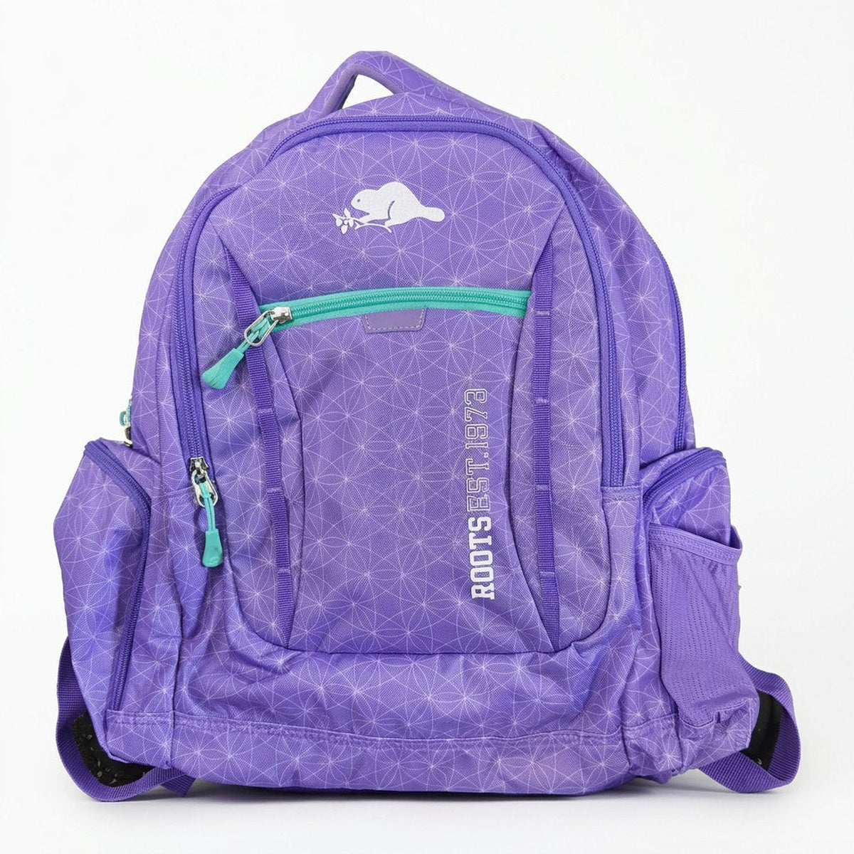 Roots 38L backpack in lilac with white geometric print, front view with beaver logo