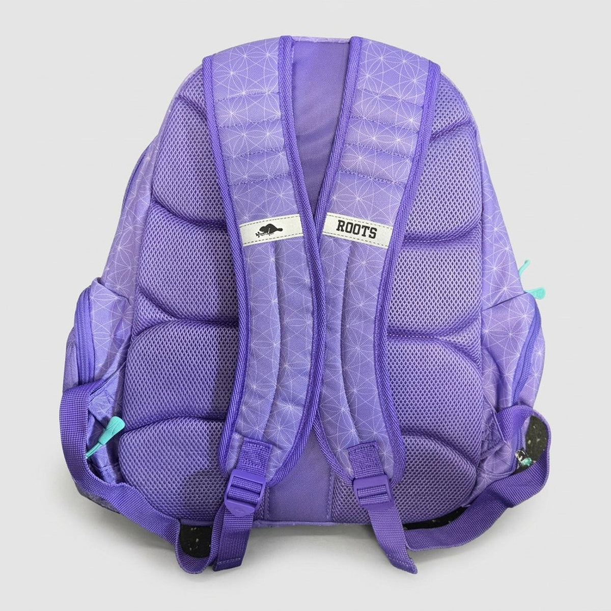 Lilac Roots backpack back view with padded mesh back panel and adjustable shoulder straps