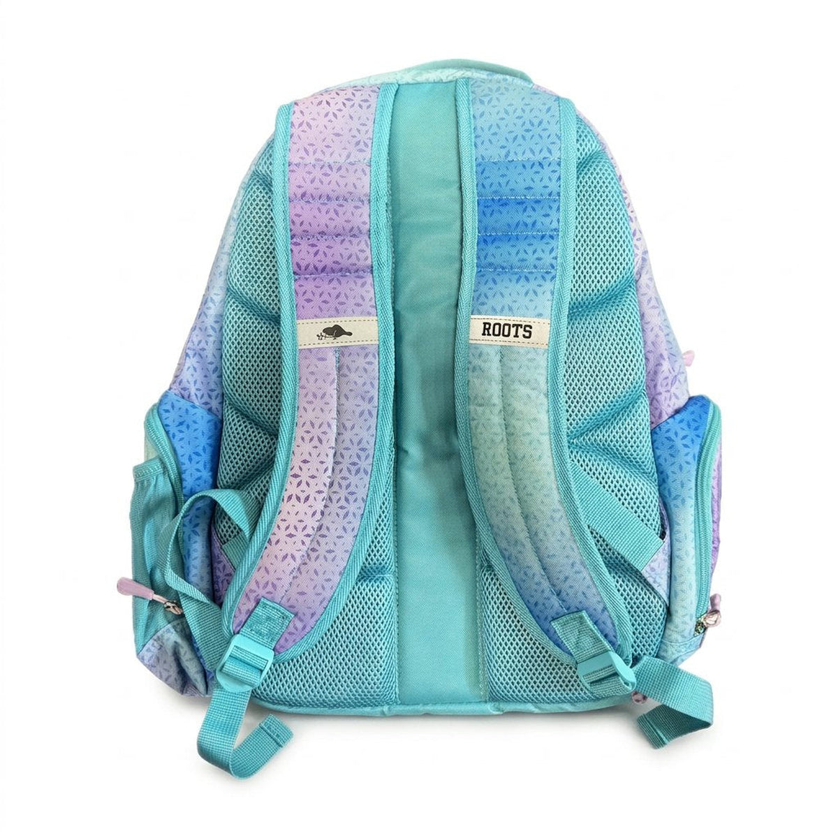 Roots backpack back view with padded mesh back panel and adjustable shoulder straps