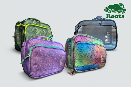 Roots expandable insulated lunch bag shown in lilac, teal and lavender ombré, black and khaki