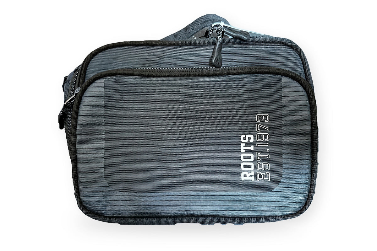 Roots insulated lunch bag in black with tonal stripes, angled view