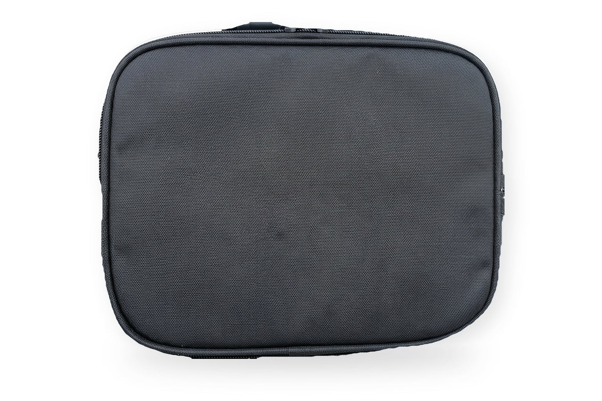 Roots insulated lunch bag in black with tonal stripes, back view