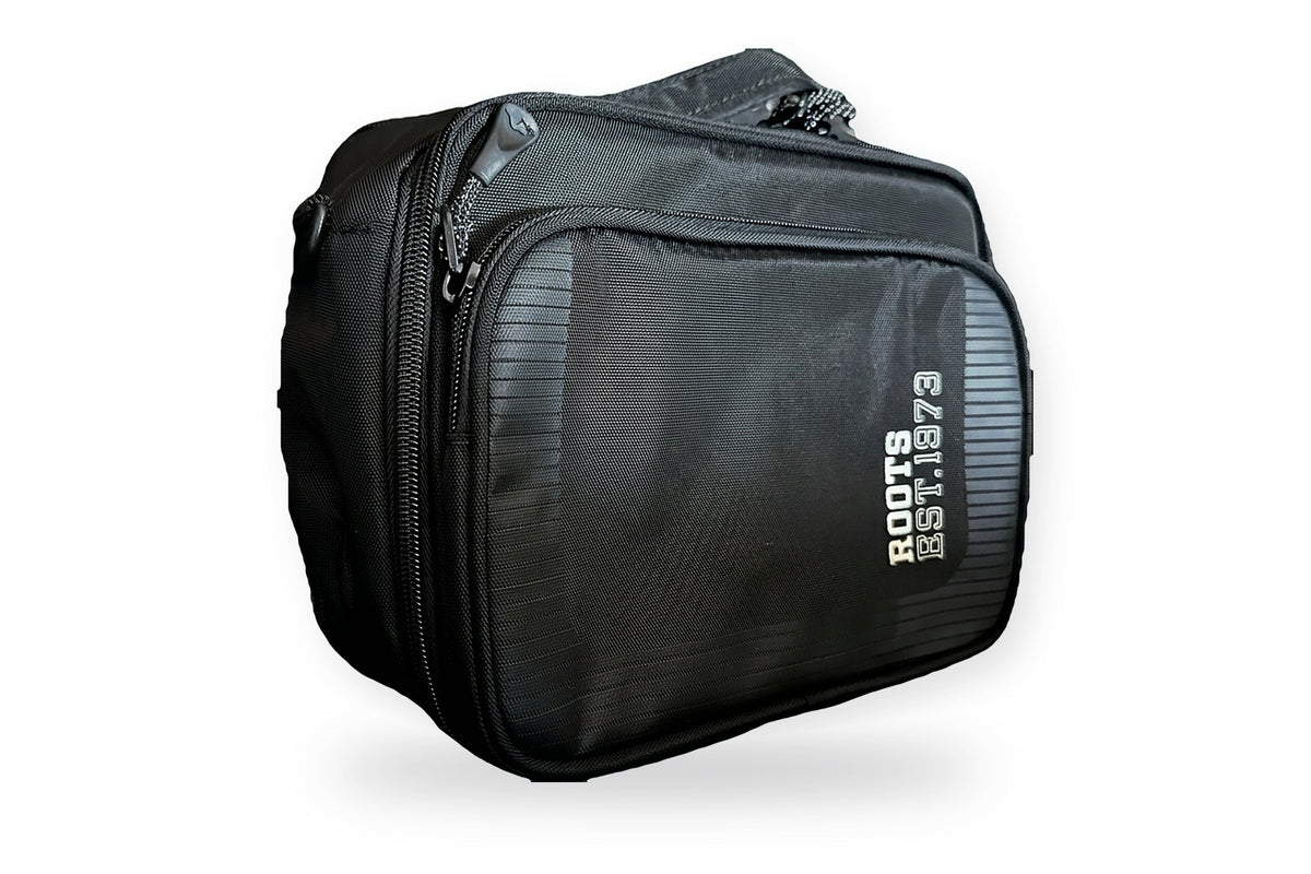 Roots insulated lunch bag in black with tonal stripes, front view with the Roots Est. 1973 logo