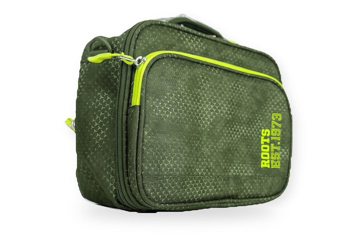 Roots insulated lunch bag in khaki with a geometric print and lime green zippers, angled view