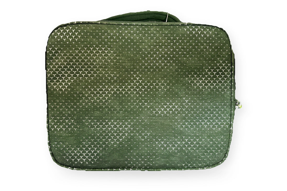 Roots insulated lunch bag in khaki with a geometric print and lime green zippers, back view