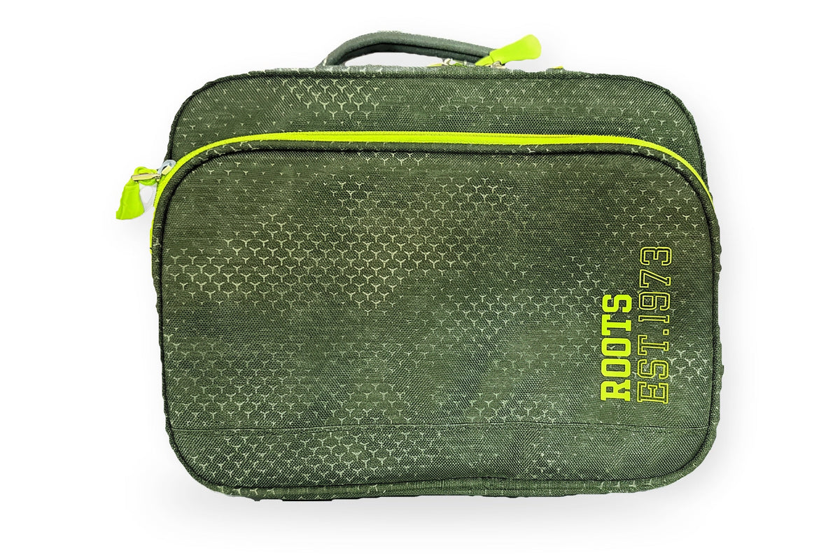 Roots insulated lunch bag in khaki with a geometric print and lime green zippers, front view with the Roots Est. 1973 logo
