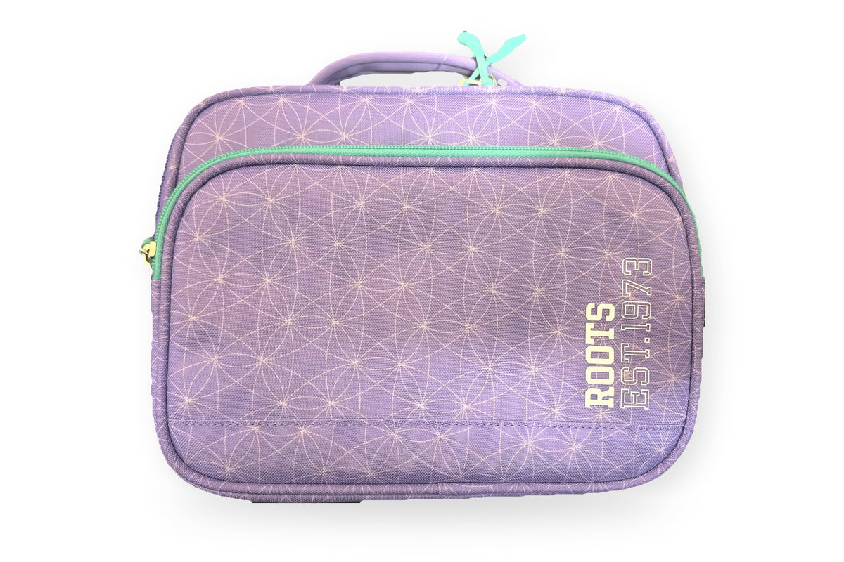 Roots insulated lunch bag in lilac with a white geometric print and teal zippers, front view with the Roots Est. 1973 logo