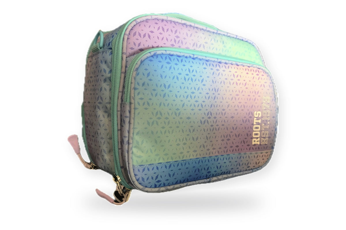 Roots insulated lunch bag in teal, blue and lavender ombré with a petal print, angled view