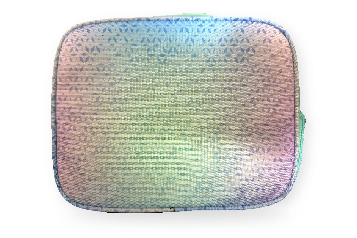 Roots insulated lunch bag in teal, blue and lavender ombré with a petal print, back view