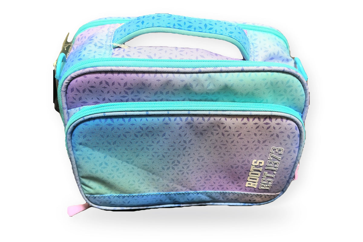 Roots insulated lunch bag in teal, blue and lavender ombré with a petal print, top view with the padded carry handle