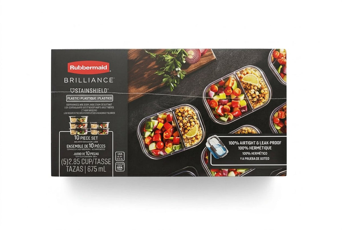 Rubbermaid Brilliance food container set packaging on a black surface