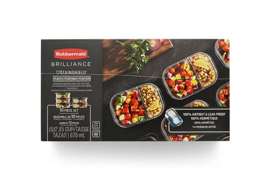 Rubbermaid Brilliance food container set packaging on a black surface