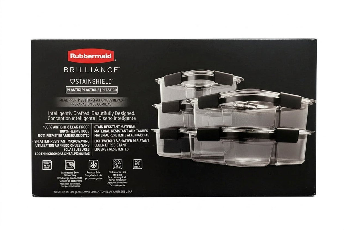 Rubbermaid Brilliance Stainshield packaging with labels and barcodes on a dark background