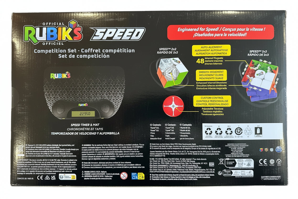 Rubik's Speed competition set packaging with various features highlighted on a black background