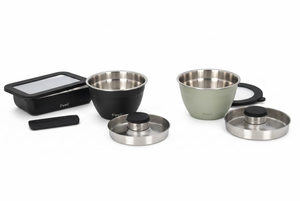 Set of stainless steel kitchen containers on a white background