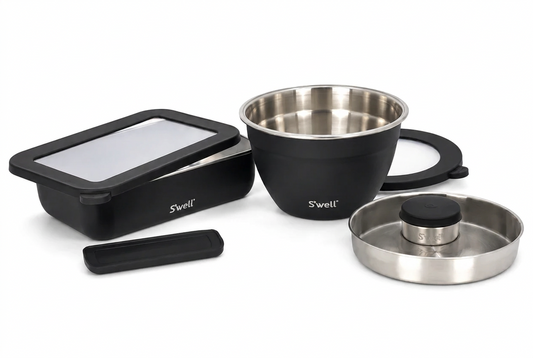 Set of Swell brand containers including a bowl, lid, and container on a white background
