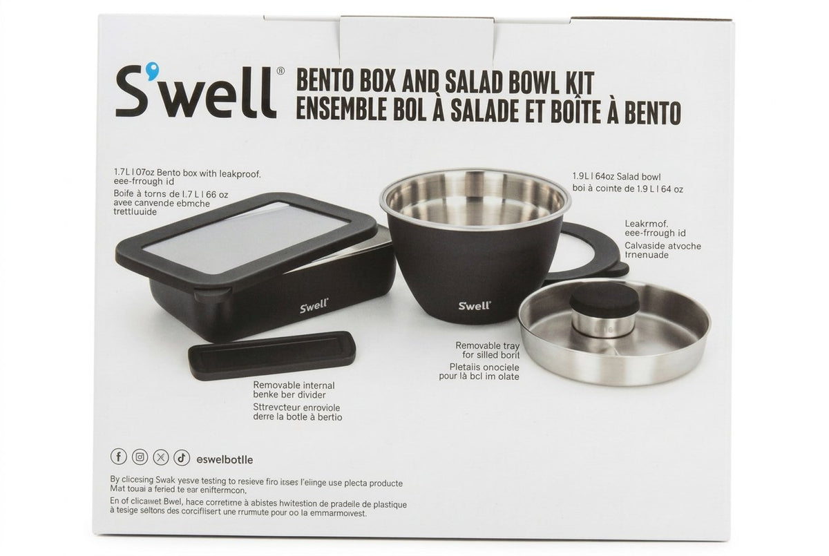 S'well bento box and salad bowl kit packaging on a black speckled surface