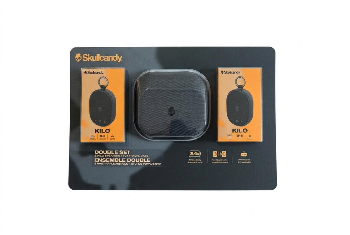 Skullcandy Kilo earbuds packaging with travel case on a dark background