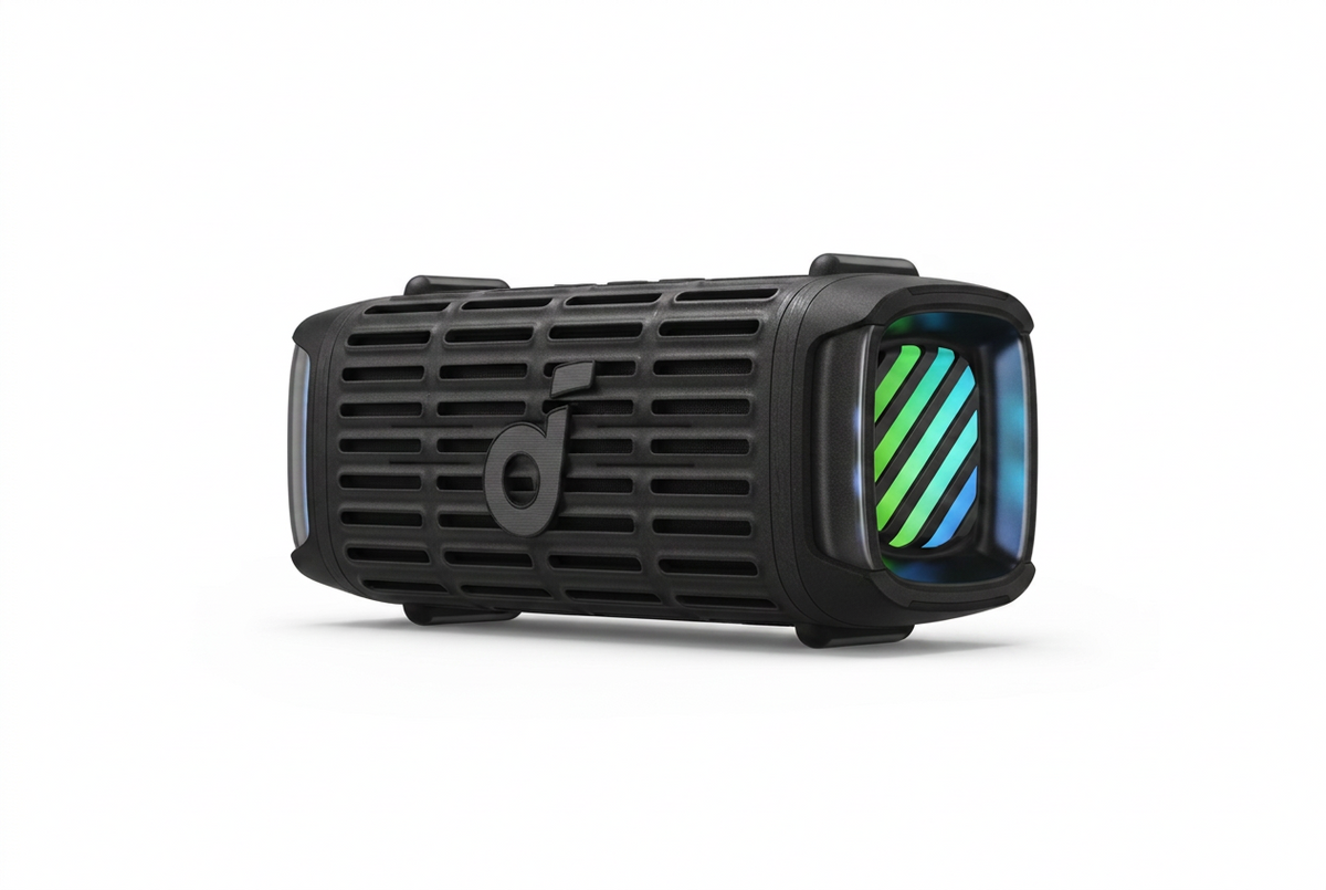 Soundcore Boom 3i portable Bluetooth speaker studio product photo on white background