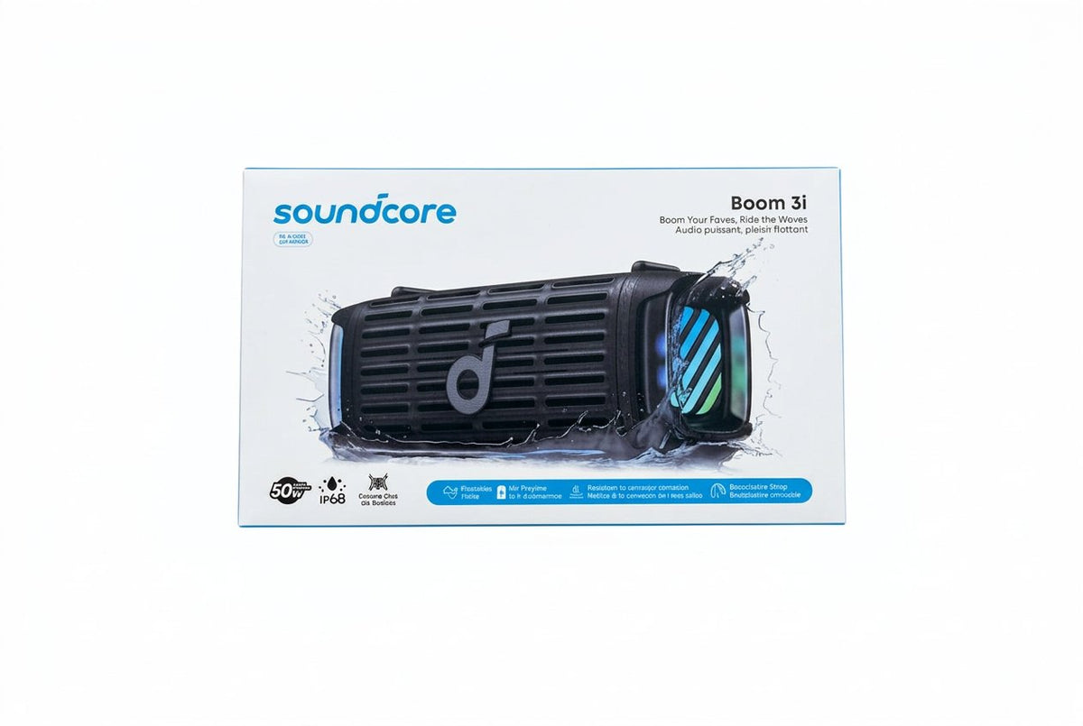 Soundcore Boom 3i packaging on a black textured background