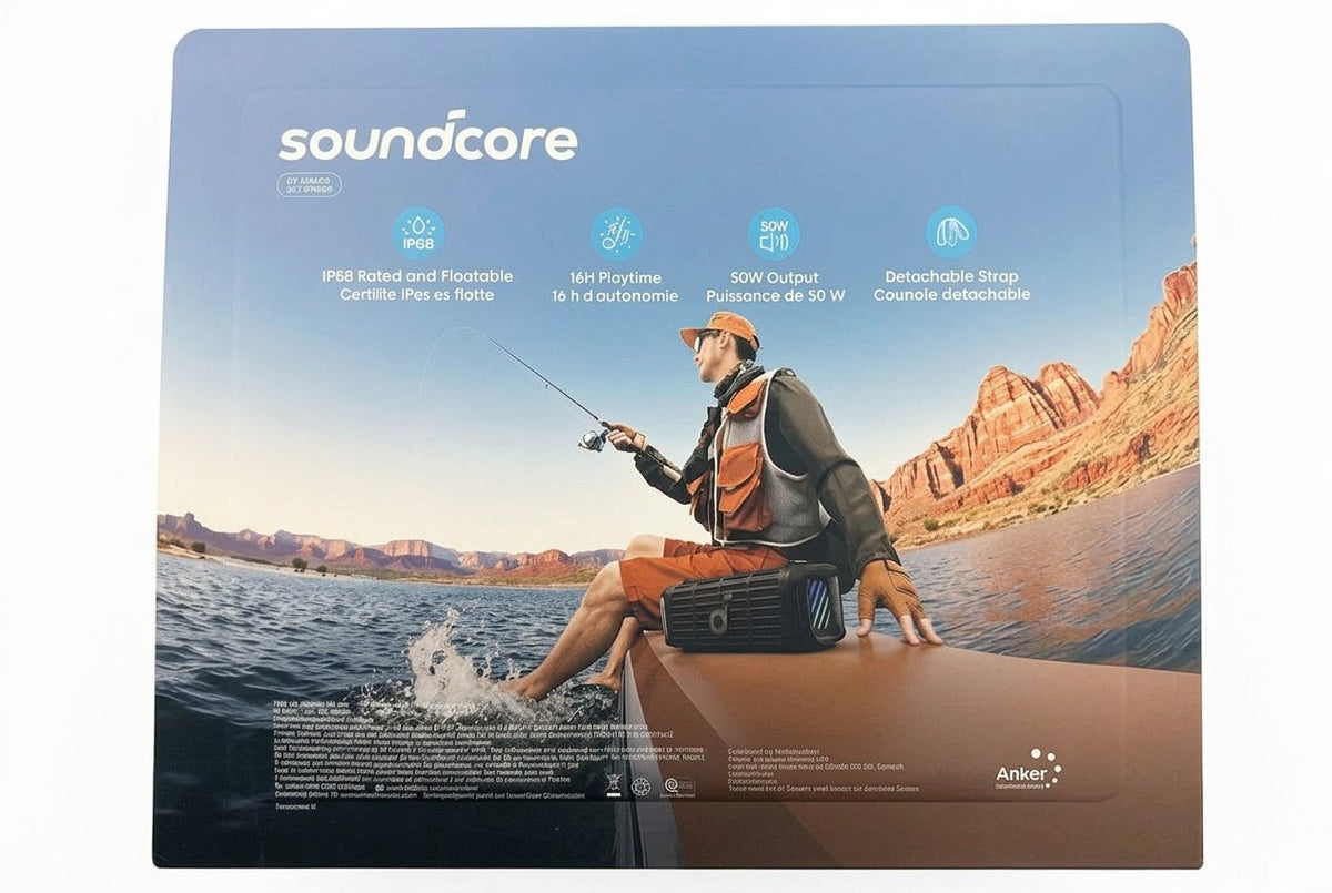 Backpack with 'Soundcore' branding and a person fishing on a mountain lake.