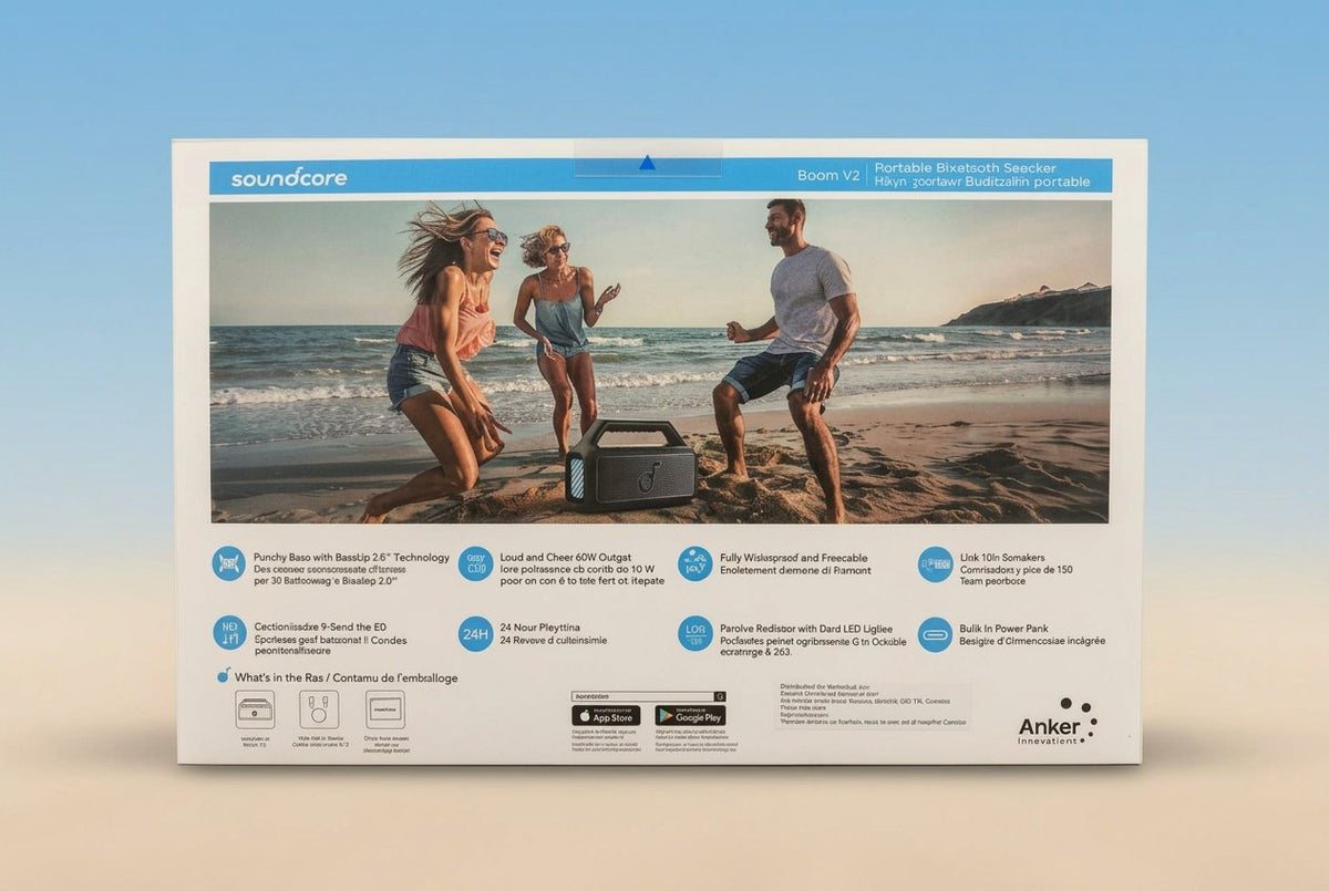 Anker Soundcore Bluetooth speaker advertisement with people on a beach
