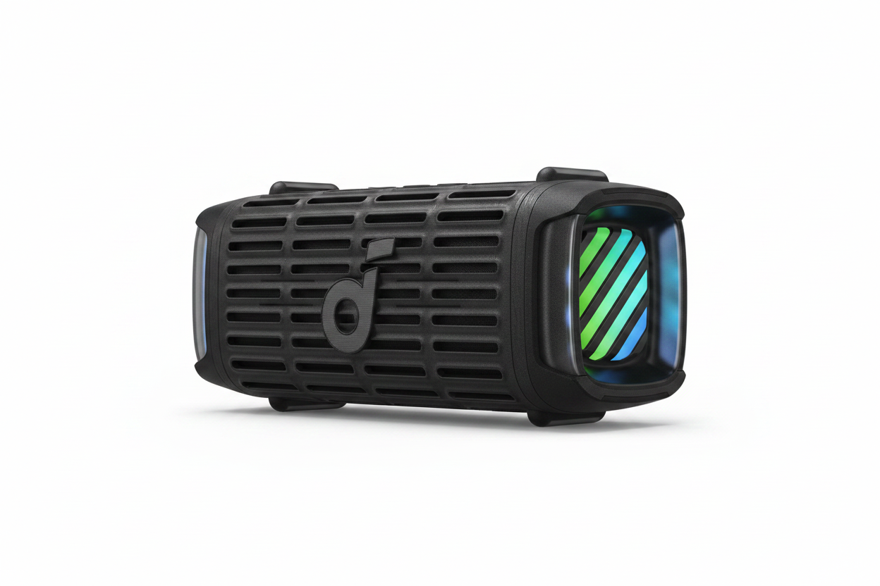 Soundcore Boom 3i portable Bluetooth speaker studio product photo on white background