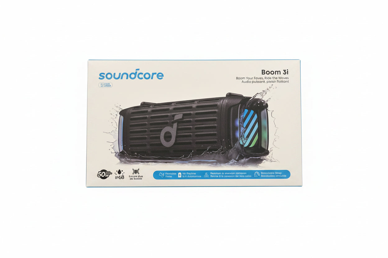 Soundcore Boom 3i packaging on a black textured background