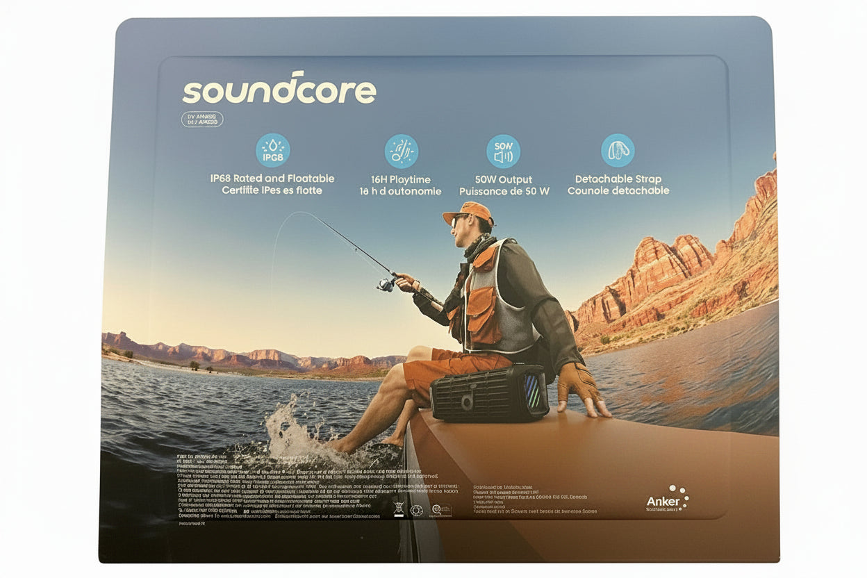 Backpack with 'Soundcore' branding and a person fishing on a mountain lake.
