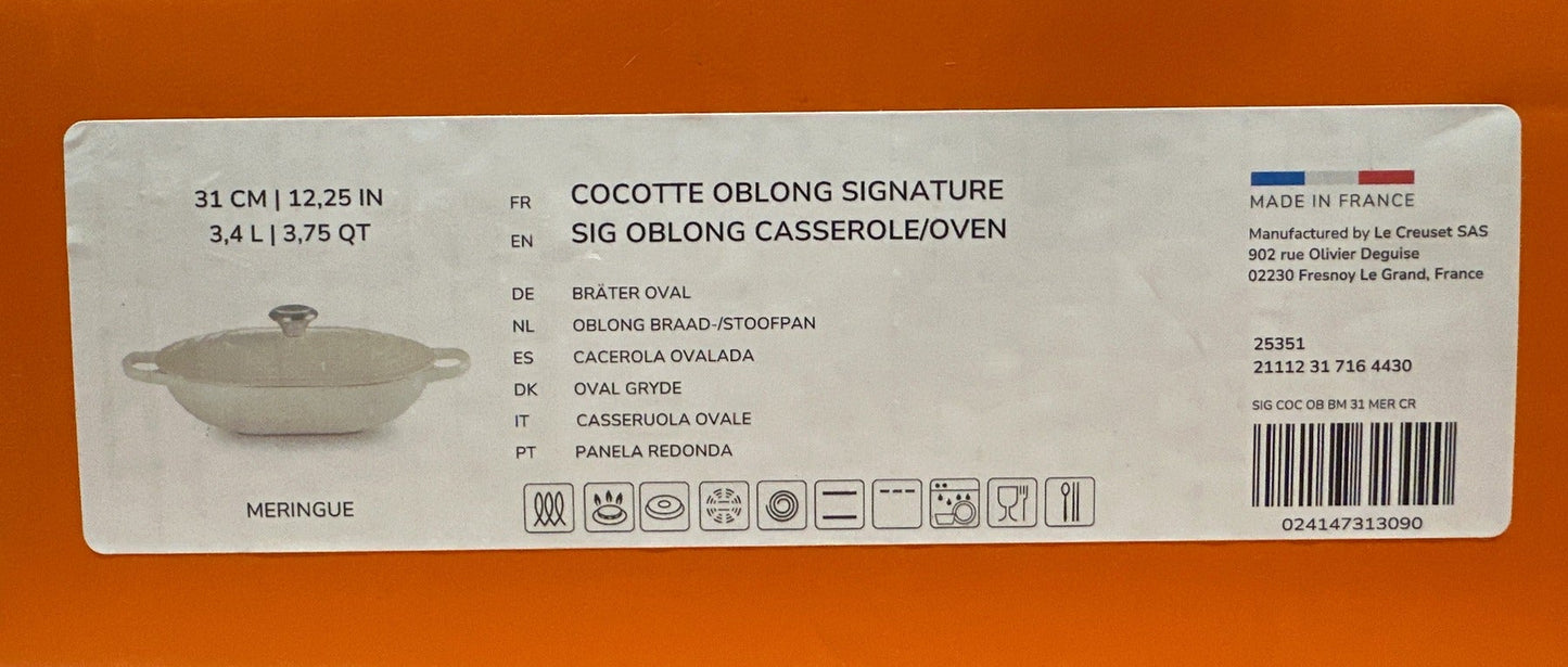 Le Creuset oblong casserole package label for Meringue variant