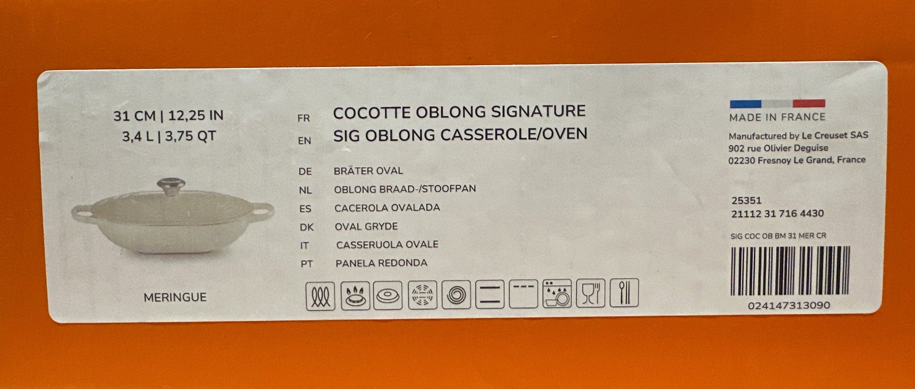Le Creuset oblong casserole package label for Meringue variant