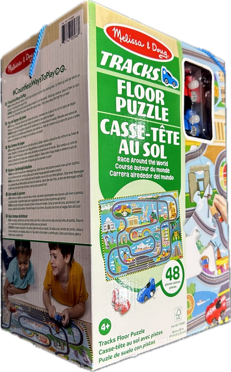 Melissa & Doug Tracks Floor Puzzle package angle with vehicles