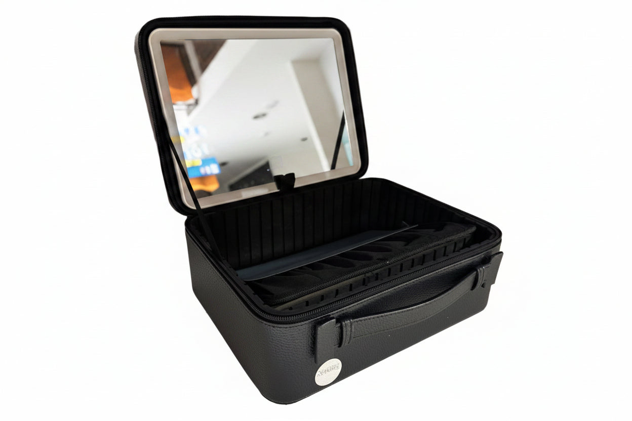 Open Sheffield Labs REMI travel vanity case with LED mirror