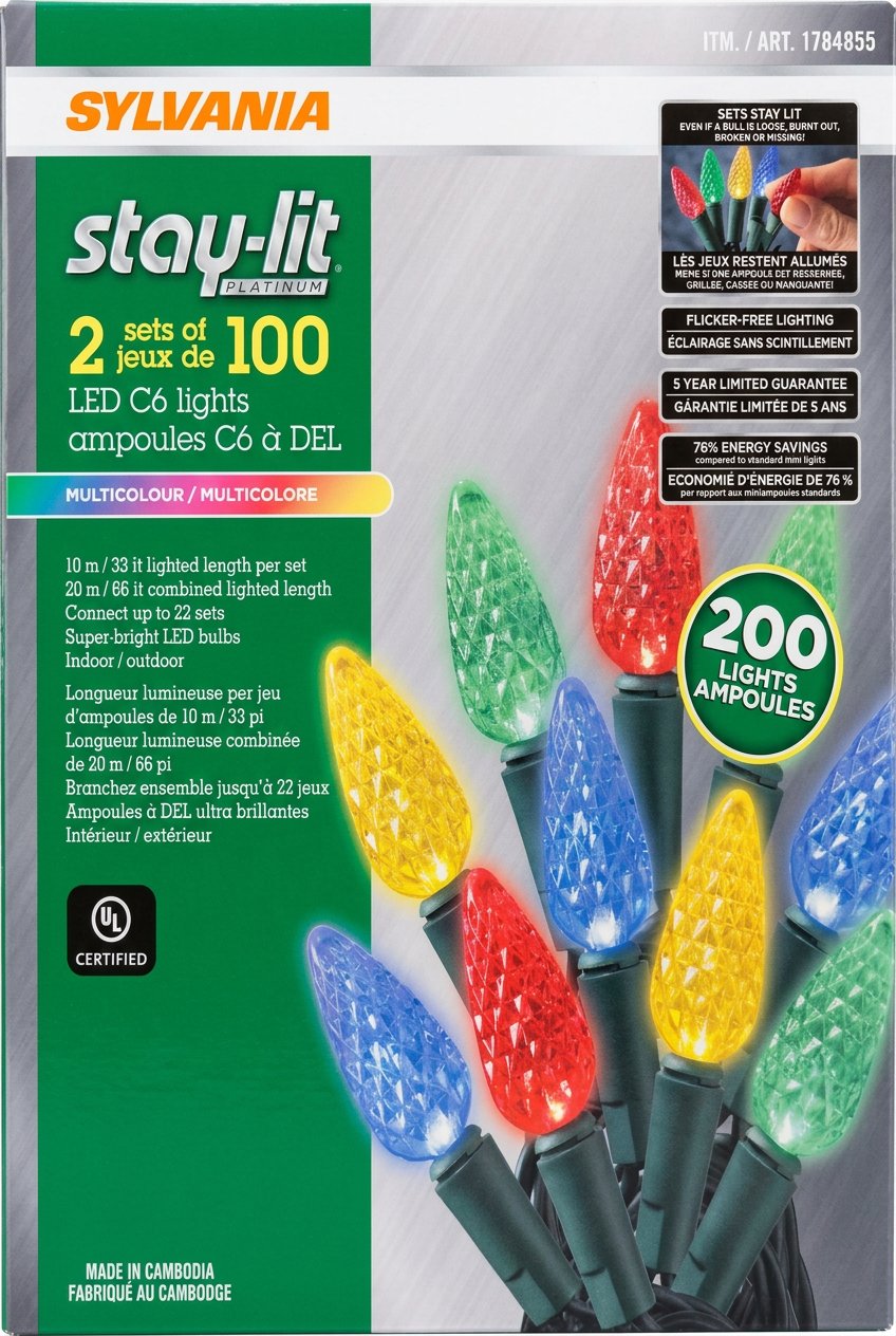 Sylvania Stay-Lit Platinum LED Christmas Lights - 200 Multicolor C6 Bulbs (2 Sets of 100) product photo 2