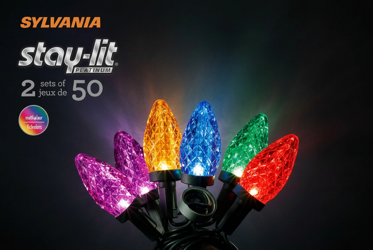 Sylvania Stay-Lit Platinum Multicolour LED C9 Christmas Lights (2 Sets of 50) product photo 1