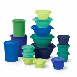 Set of blue and green silicone containers stacked on a white background