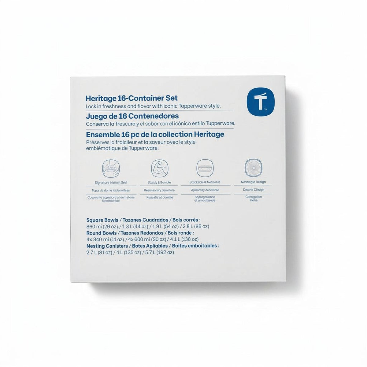 Tupperware Heritage 16-container set packaging on a dark background