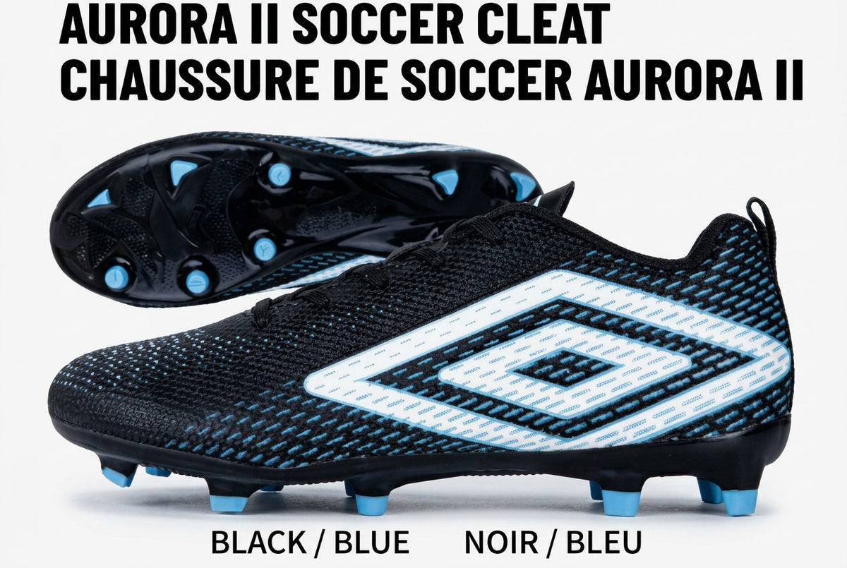 Umbro Aurora II soccer cleat packaging with label on a cardboard box.