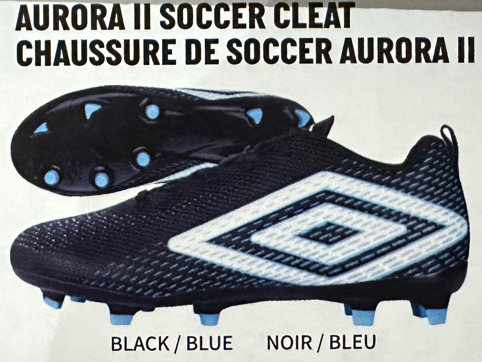 Umbro Aurora II soccer cleat packaging with label on a cardboard box.