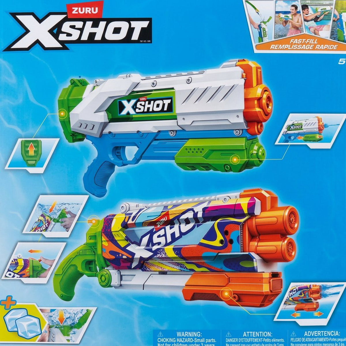 X-Shot toy gun packaging with colorful design on a blue background